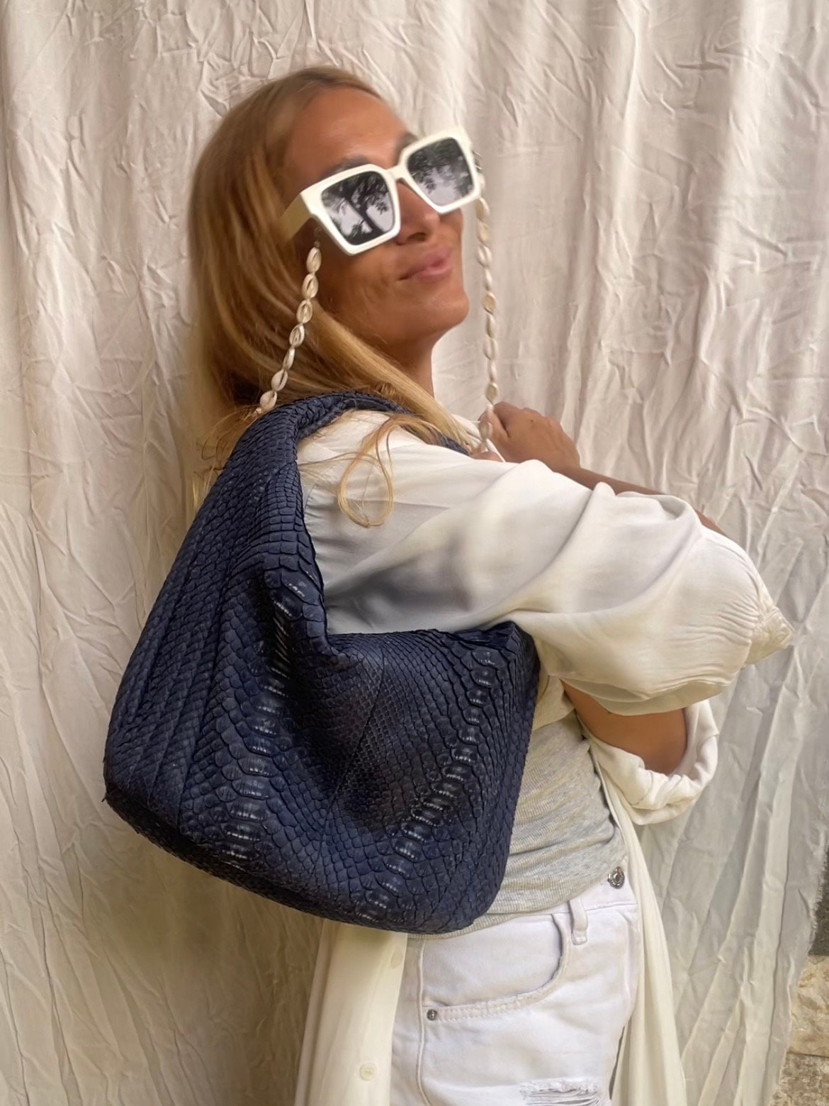 Medium Soft Hobo Python Skin Stitched Bag — Jeans