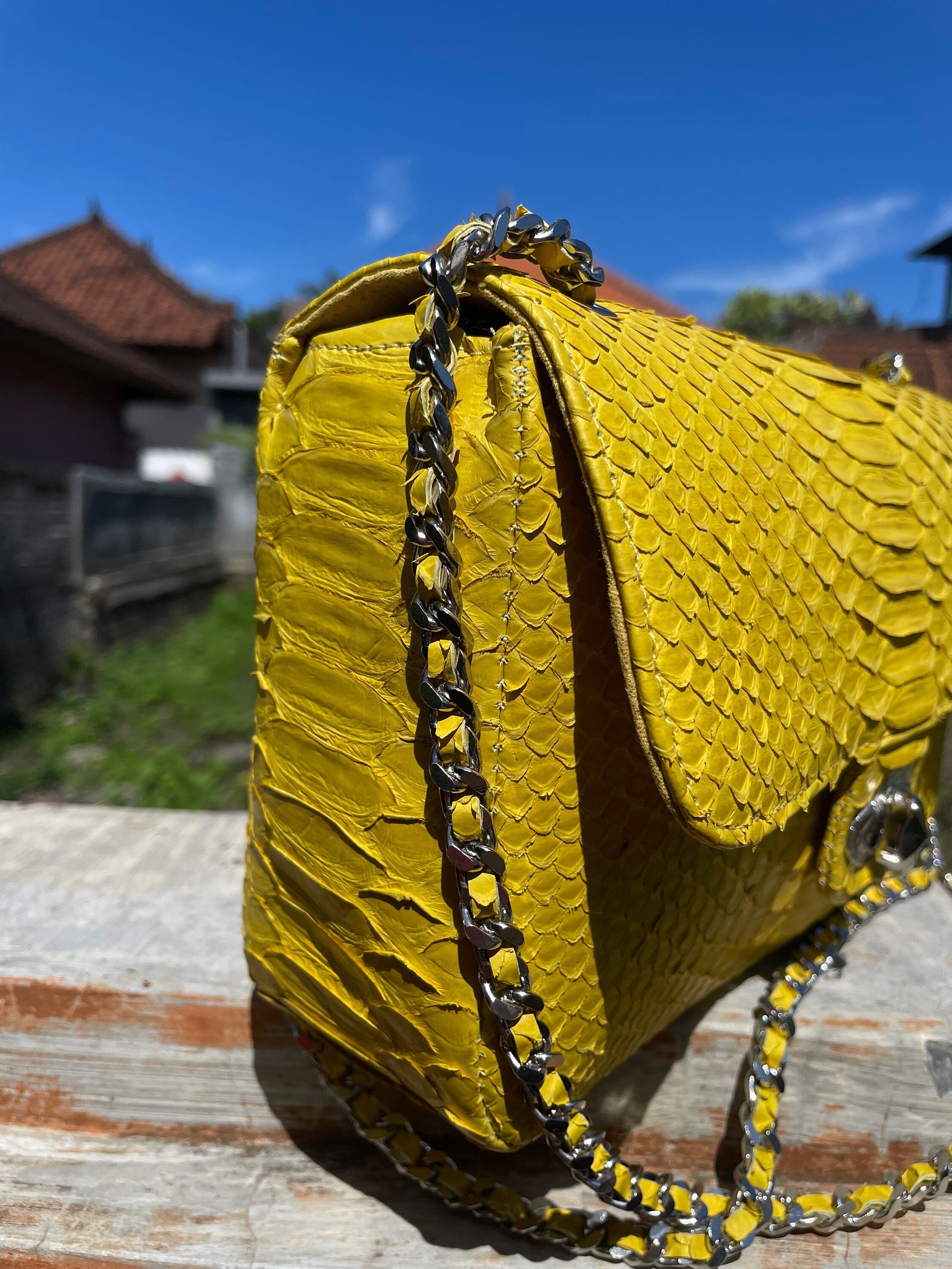 Genuine Python Skin Maxi Crossbody Bag — Yellow