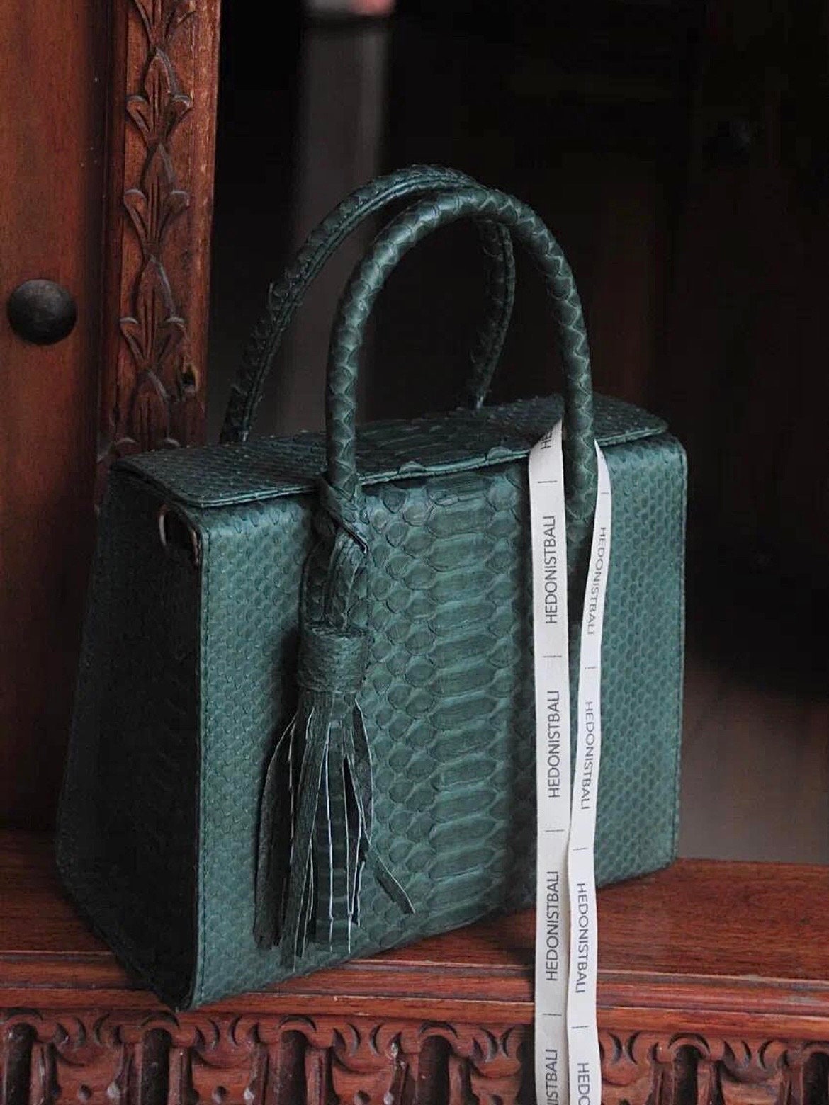 Top handle green classy MORA  genuine python skin bag