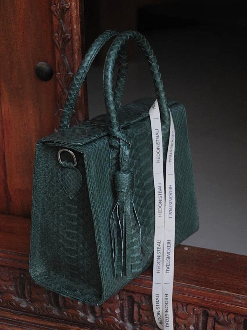 Genuine Python Skin Top Handle Bag MORA — Green
