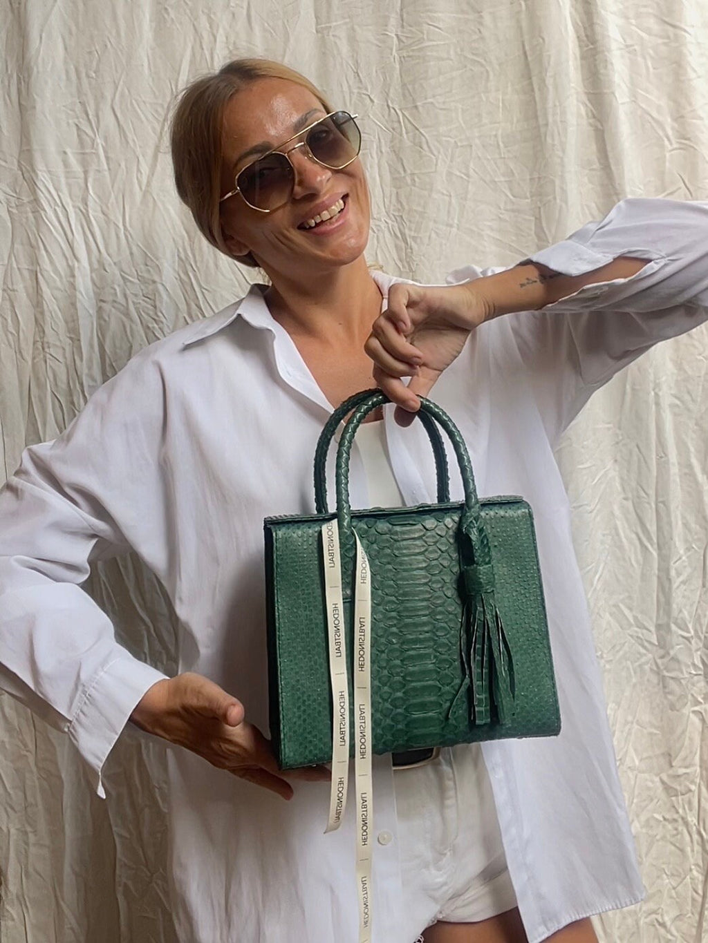 Genuine Python Skin Top Handle Bag MORA — Green