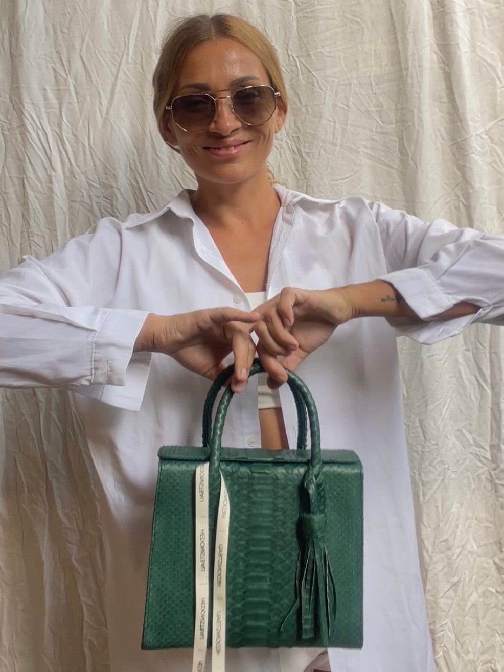 Genuine Python Skin Top Handle Bag MORA — Green