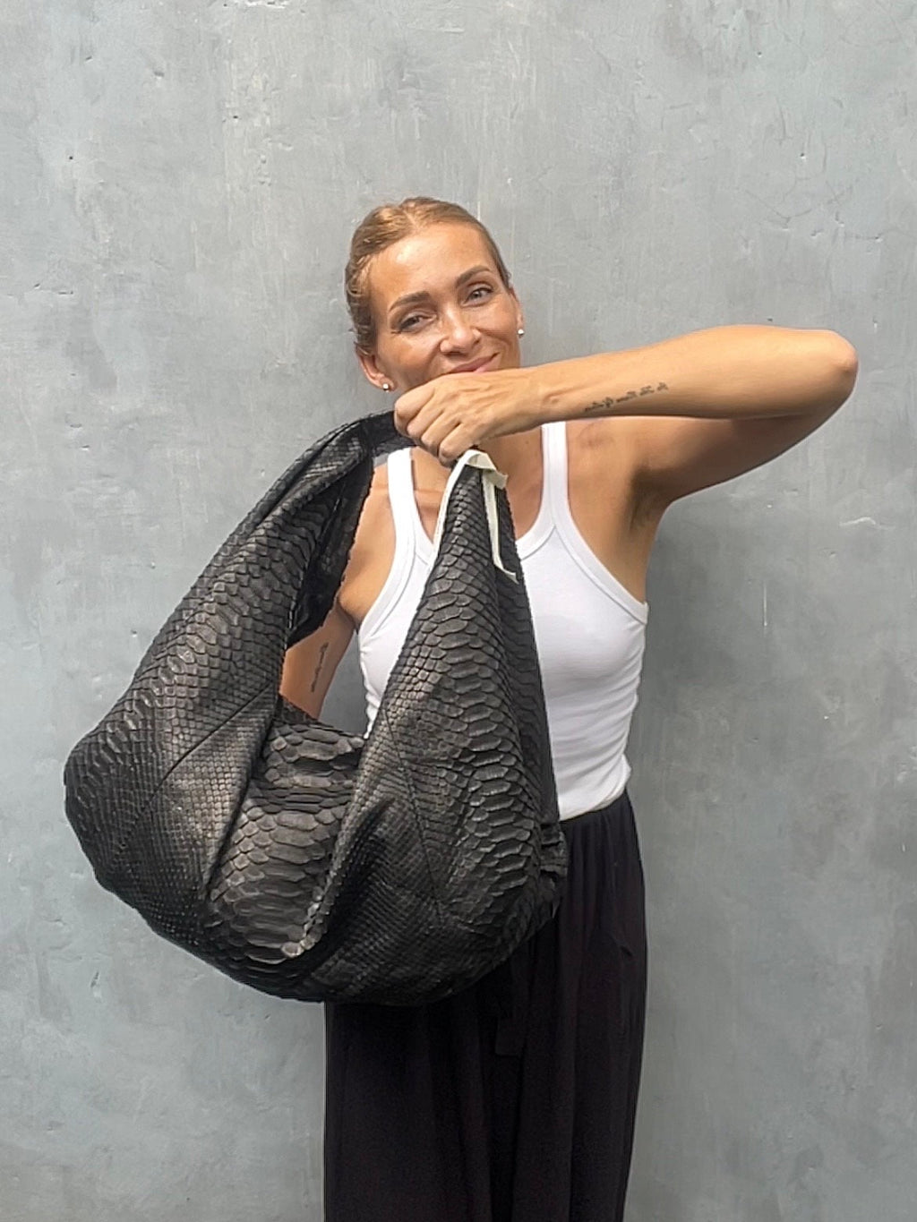 Big Soft Hobo Python Skin Bag — Black