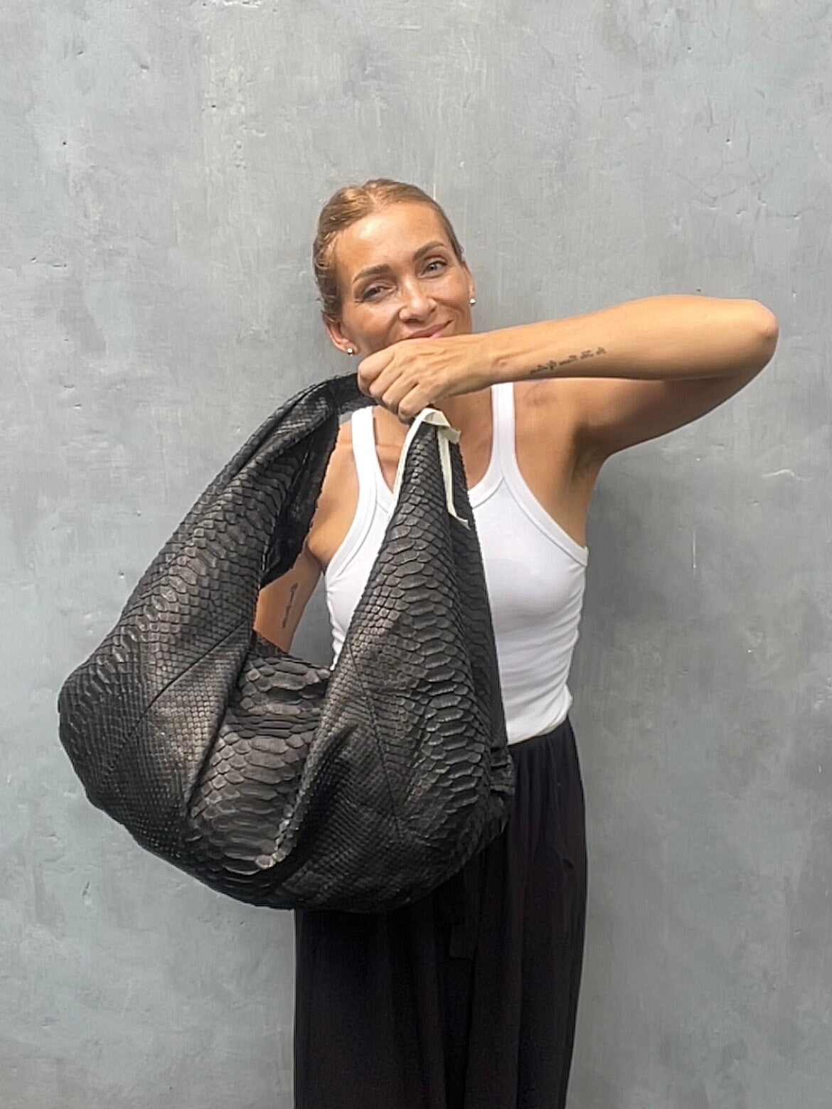 READY TO SHIP Big Soft Hobo Classy Sport Woman Bag | Purse Genuine Python Skin | Reptile Skin Products | Black Big Leather Designer Soft Bag