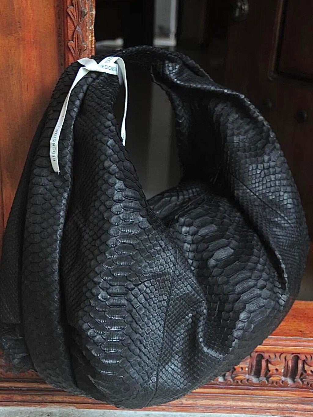 Big Soft Hobo Python Skin Bag — Black