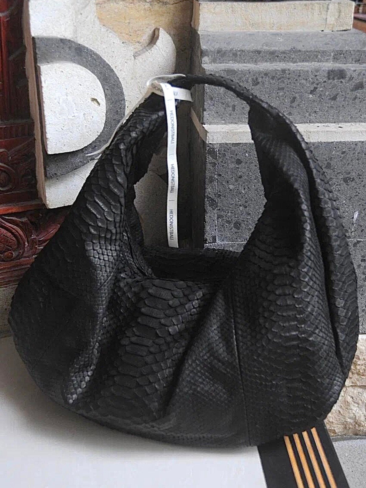 Big Soft Hobo Python Skin Bag — Black