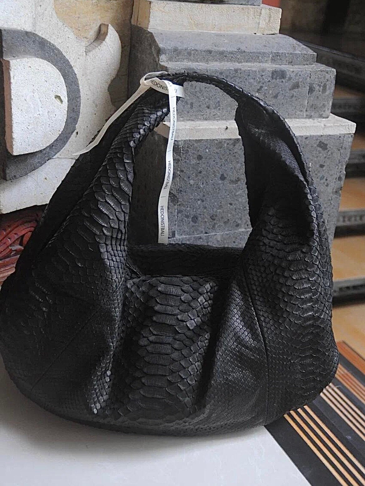 Big Soft Hobo Python Skin Bag — Black