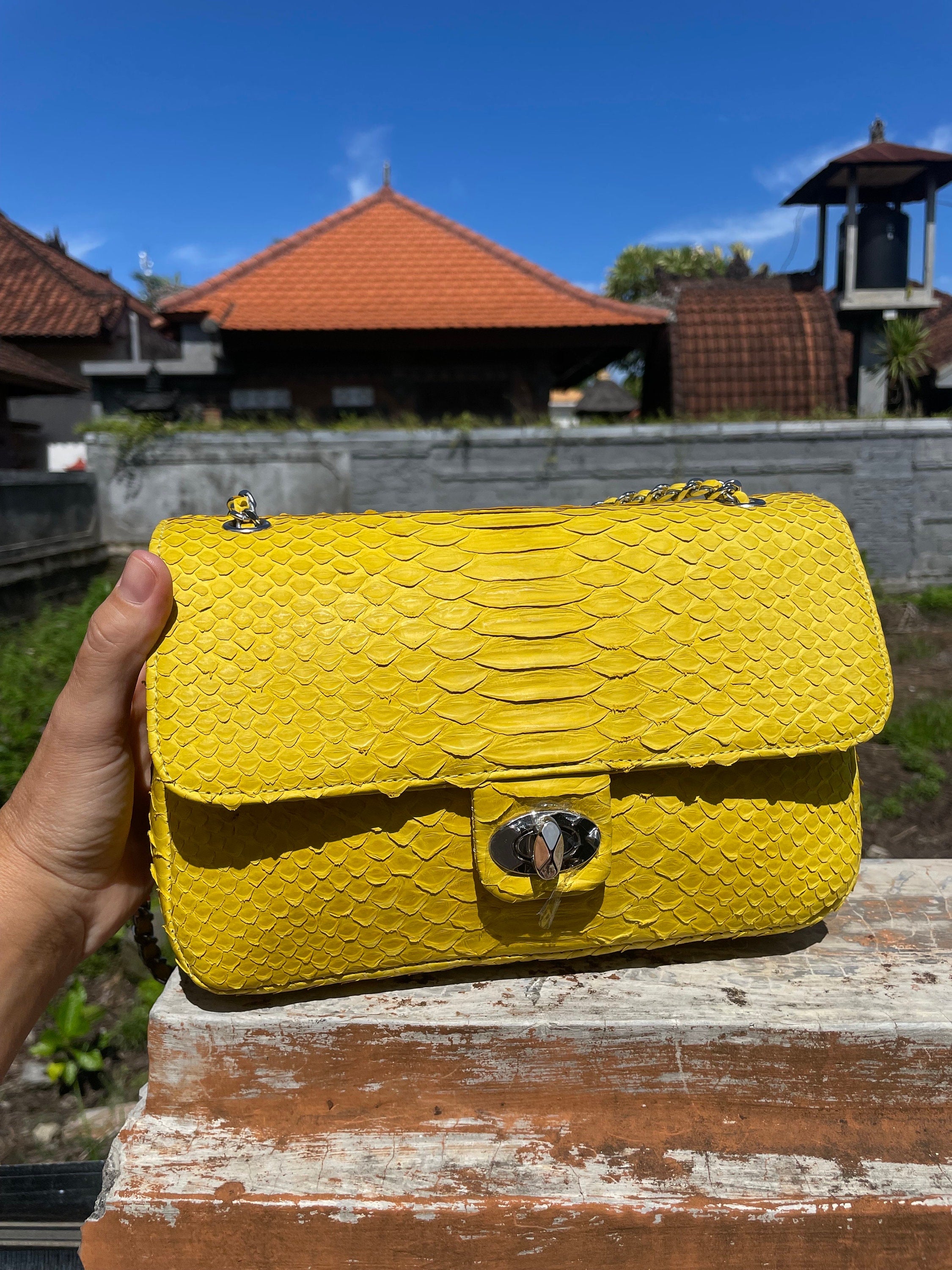 Genuine Python Skin Maxi Crossbody Bag — Yellow