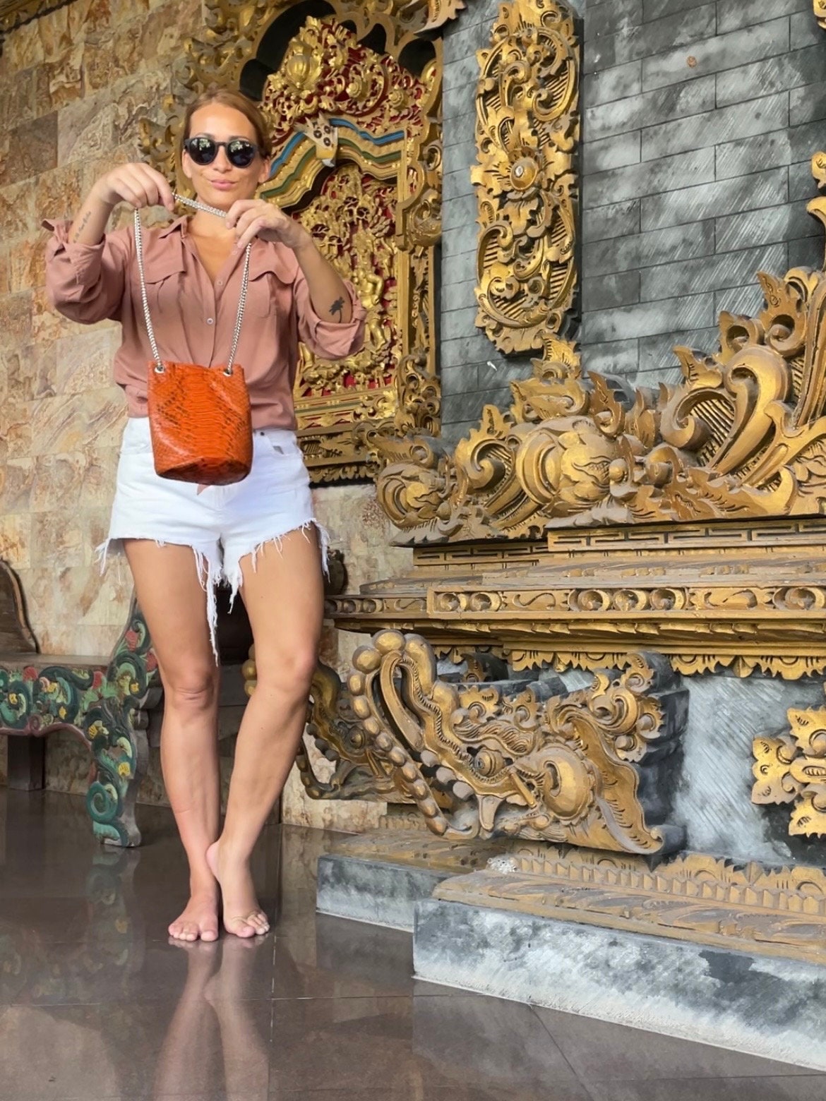 Genuine Python Skin Bucket Bag — Orange