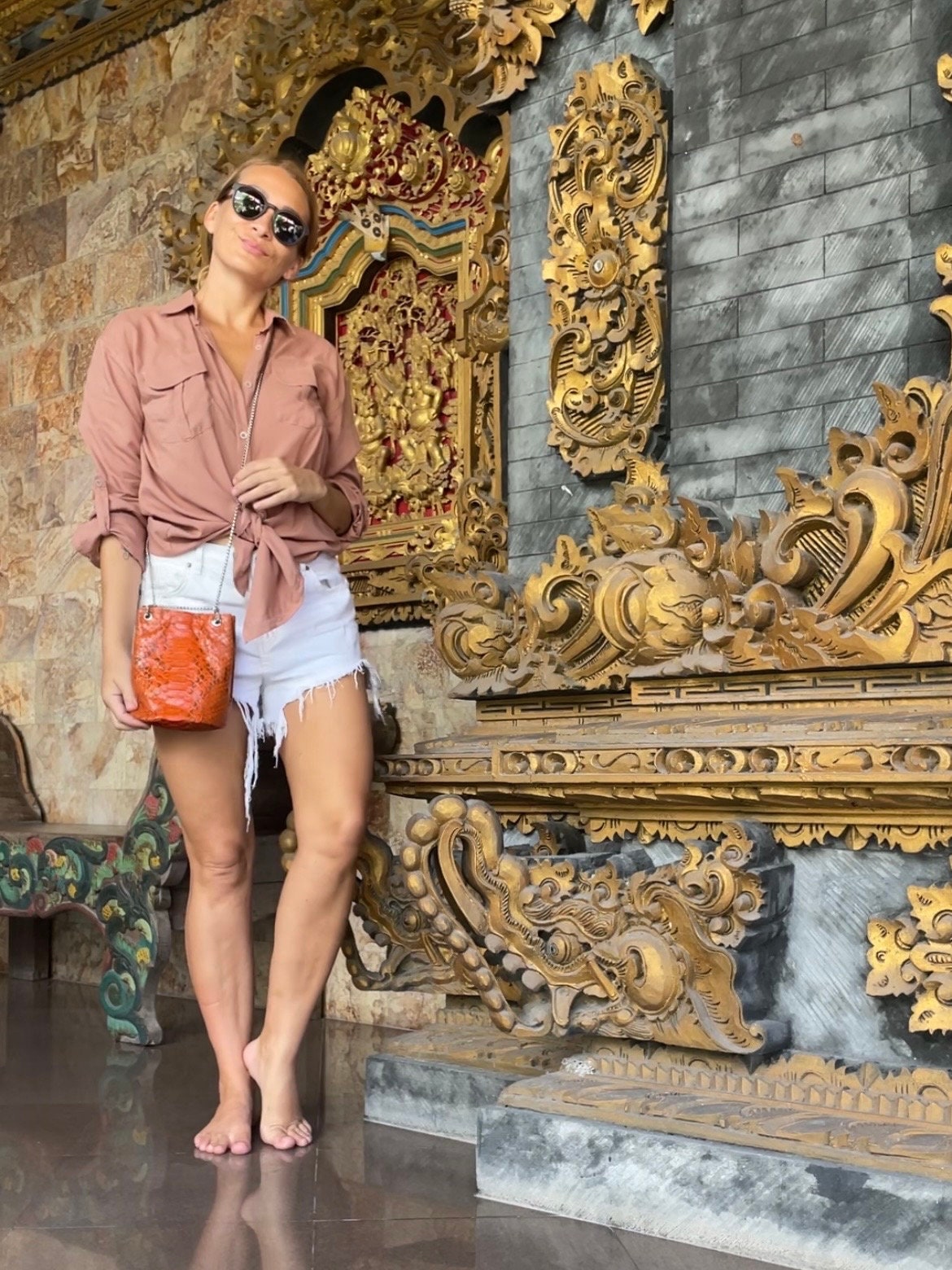 Genuine Python Skin Bucket Bag — Orange