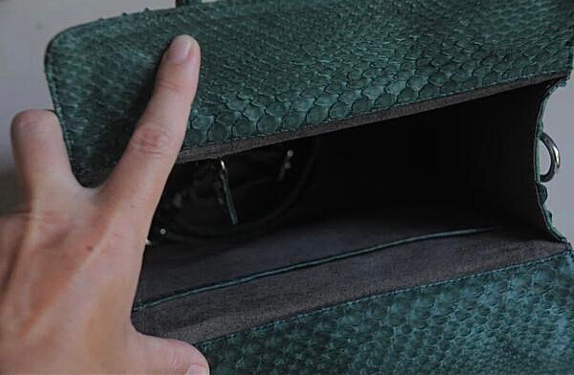 Top handle green classy MORA  genuine python skin bag