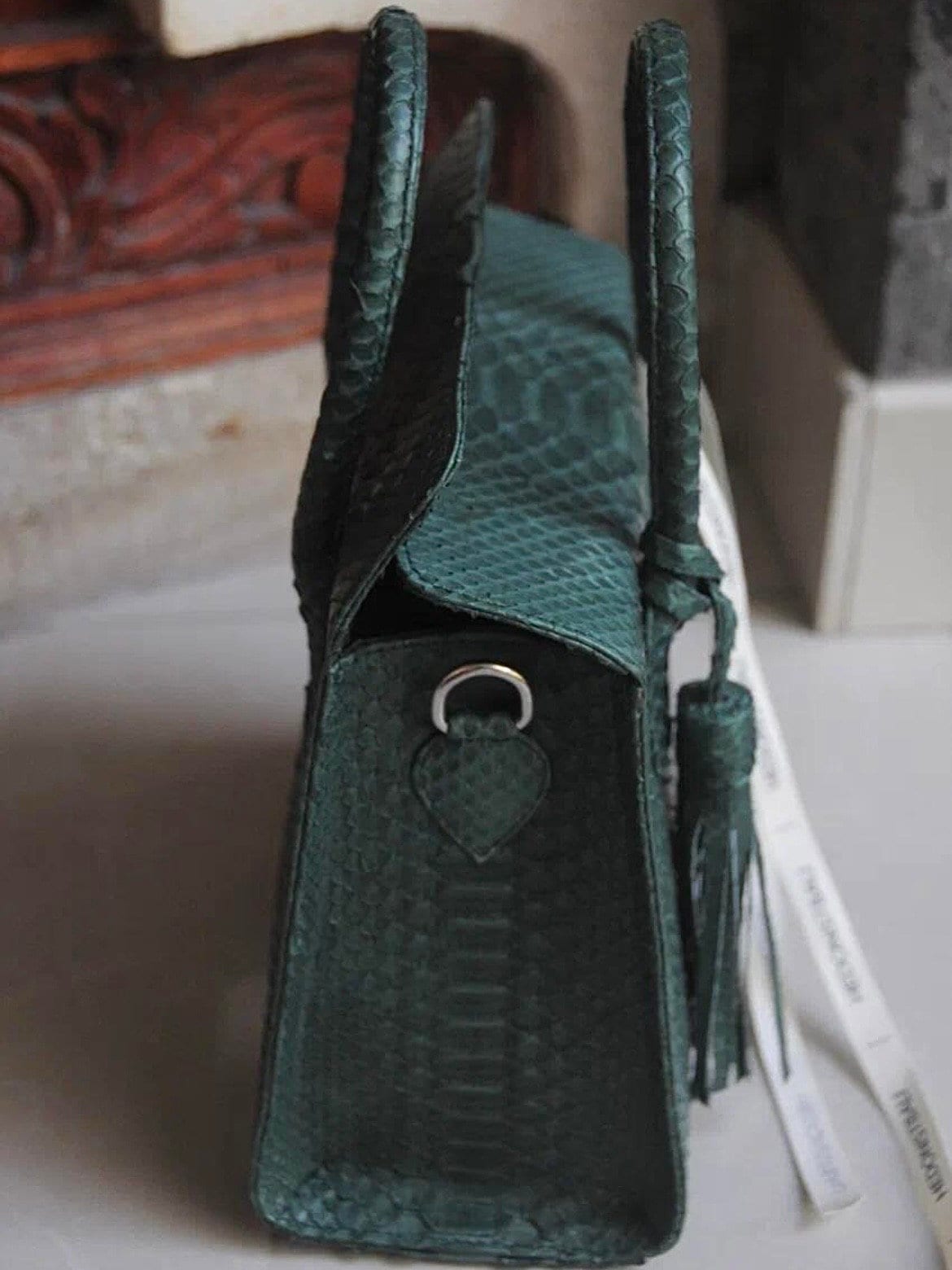 Top handle green classy MORA  genuine python skin bag