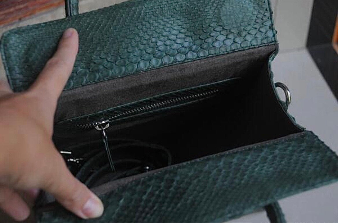 Top handle green classy MORA  genuine python skin bag