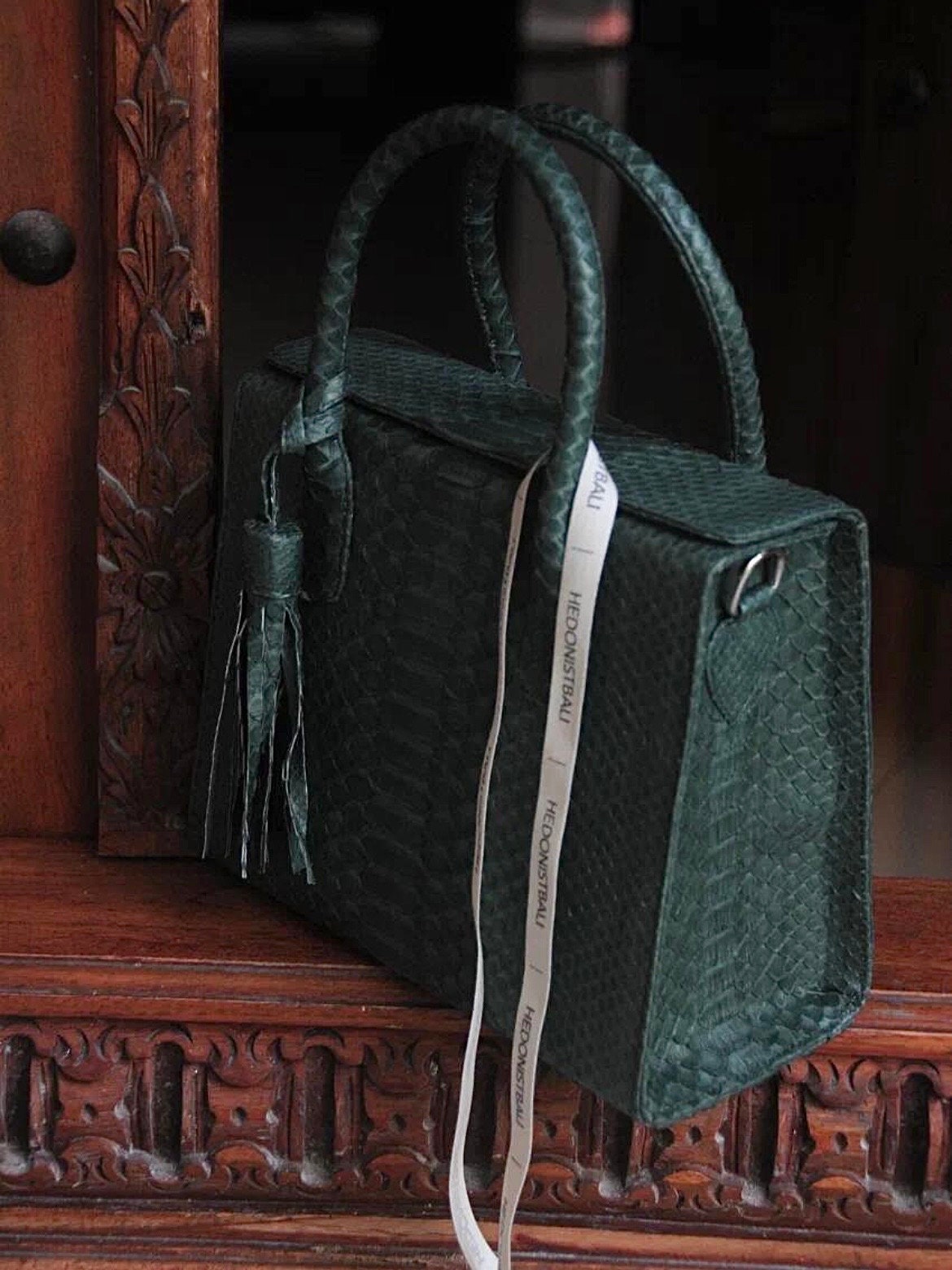 Top handle green classy MORA  genuine python skin bag