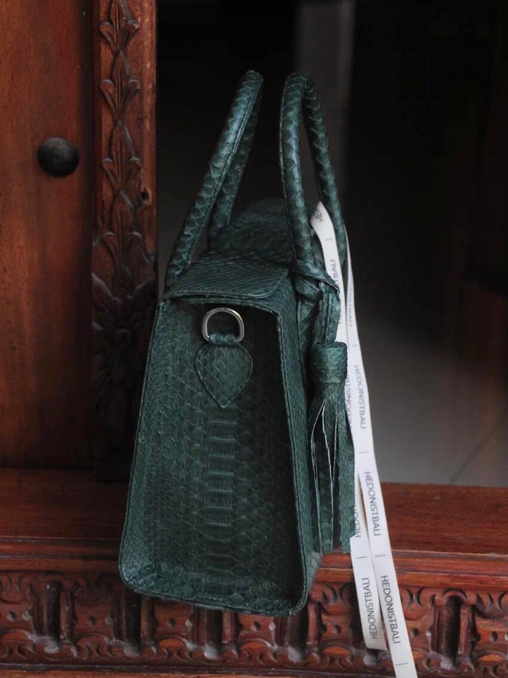 Genuine Python Skin Top Handle Bag MORA — Green