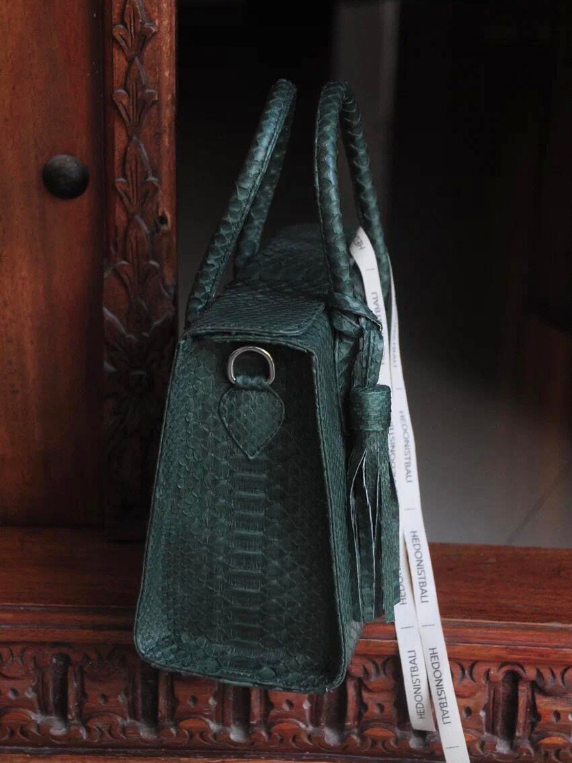 Genuine Python Skin Top Handle Bag MORA — Green