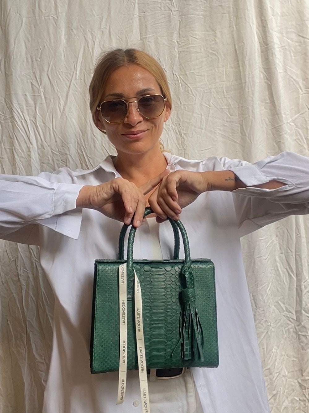 Genuine Python Skin Top Handle Bag MORA — Green