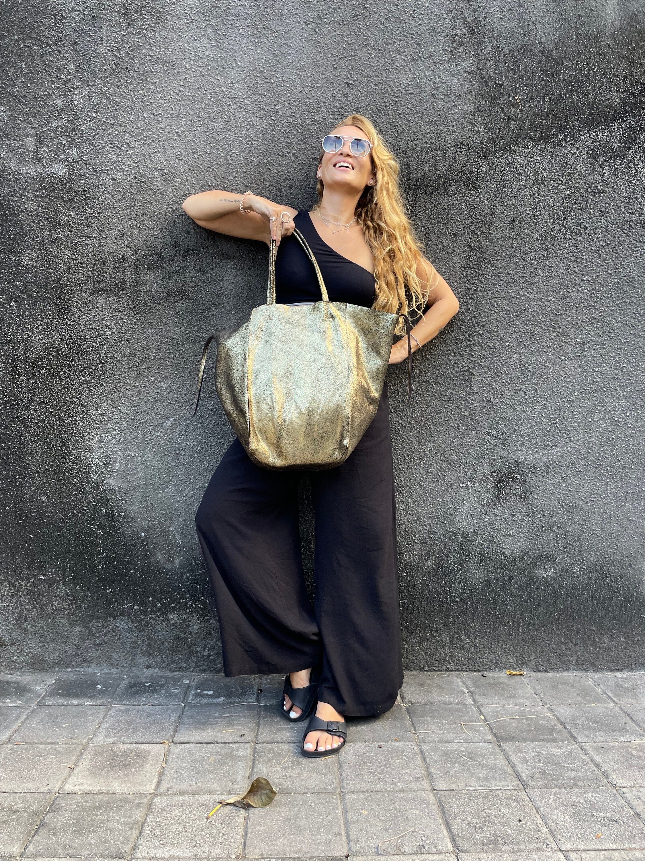 Genuine leather gold tote shopper big bag / everyday purse / handmade bags / designer bags / metallic summer bag / gift for her — Red