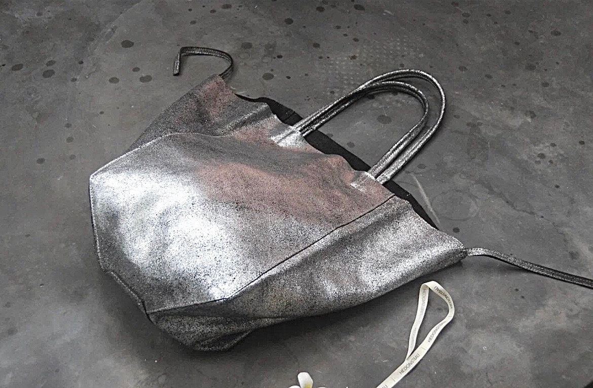 Genuine leather silver tote shopper big bag / everyday purse / handmade bags / designer bags / summer bag / gift for her