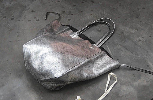 Genuine Leather Tote Bag — Silver