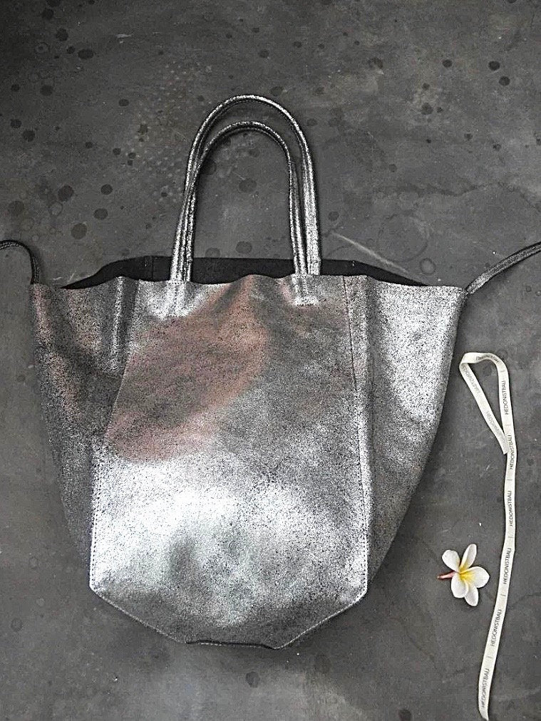 Genuine leather silver tote shopper big bag / everyday purse / handmade bags / designer bags / summer bag / gift for her — Red