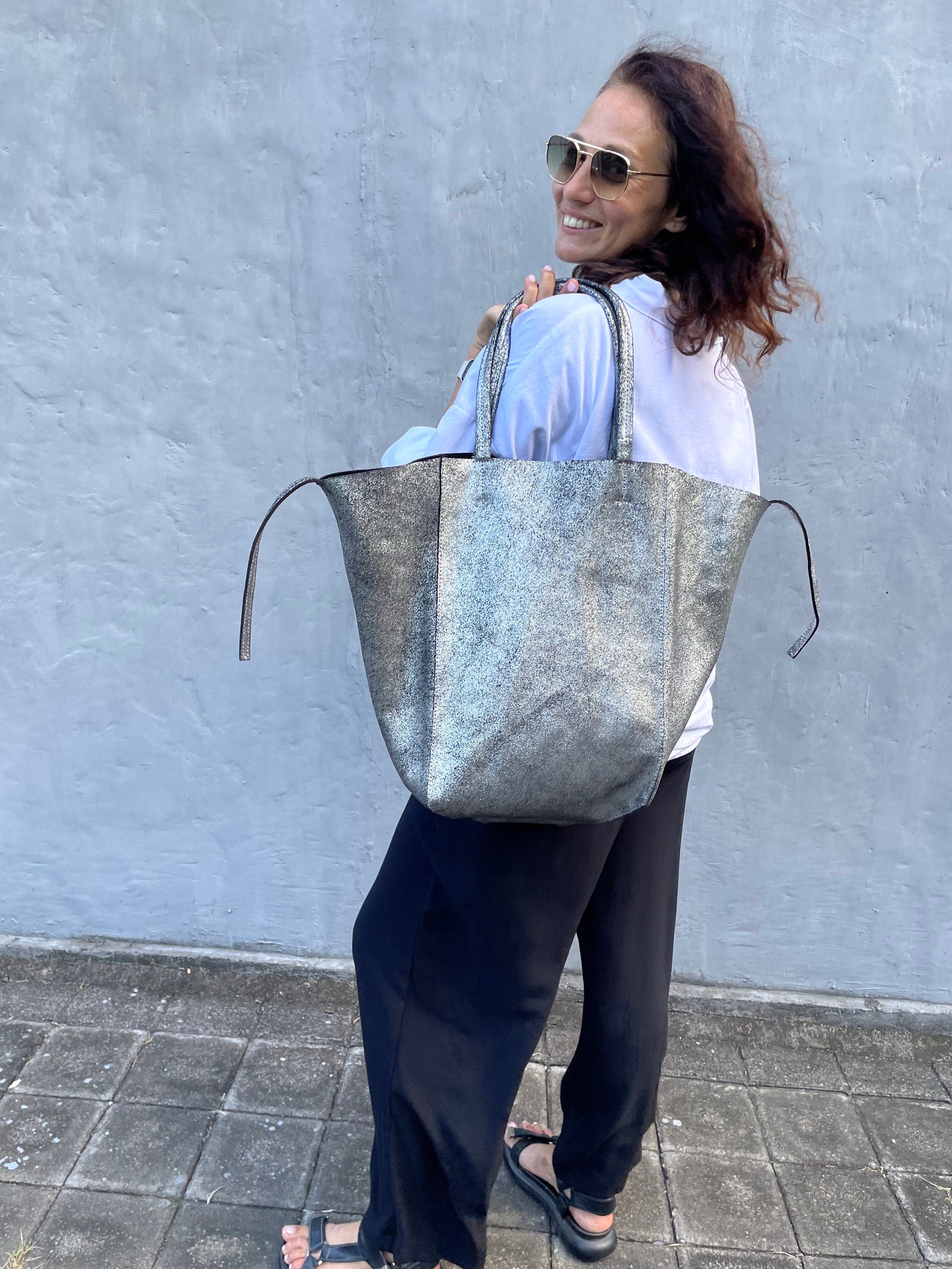 Genuine leather silver tote shopper big bag / everyday purse / handmade bags / designer bags / summer bag / gift for her — Red