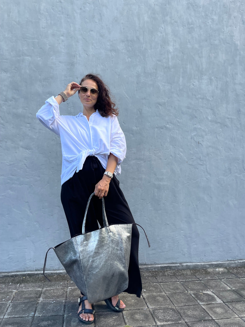 Genuine leather silver tote shopper big bag / everyday purse / handmade bags / designer bags / summer bag / gift for her