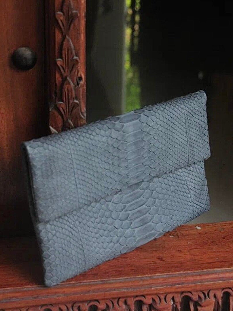 Genuine Python Skin Flat Clutch — Grey