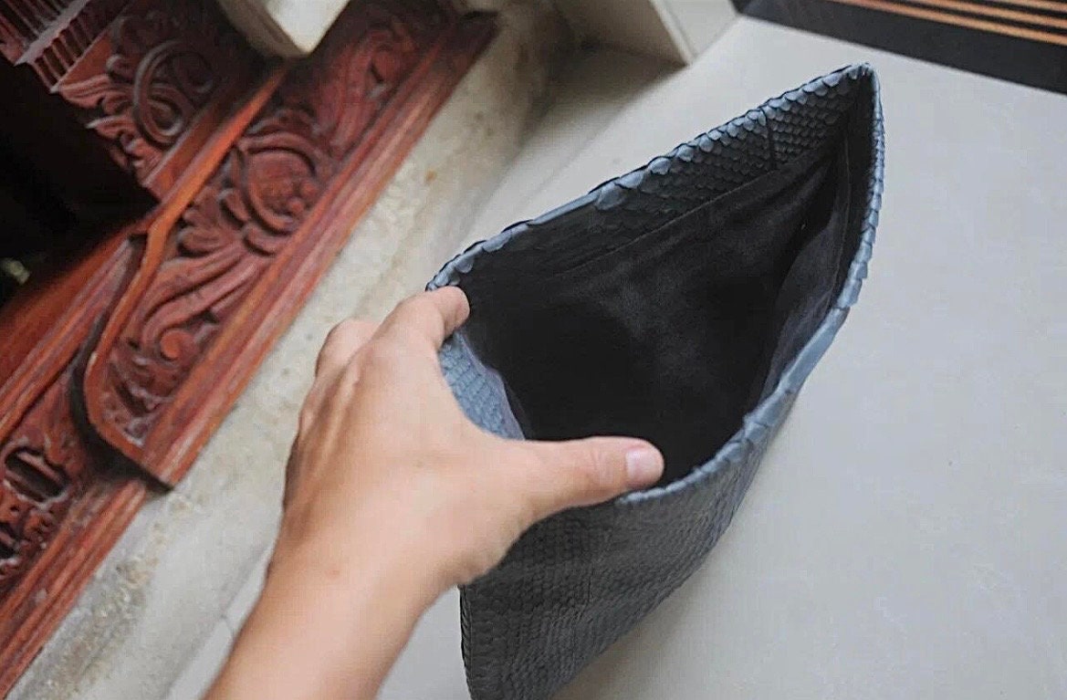 Genuine Python Skin Flat Clutch — Grey