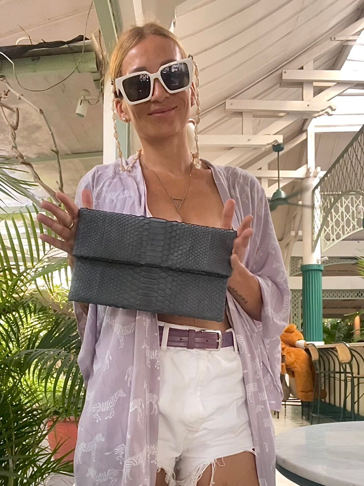 Genuine Python Skin Flat Clutch — Grey