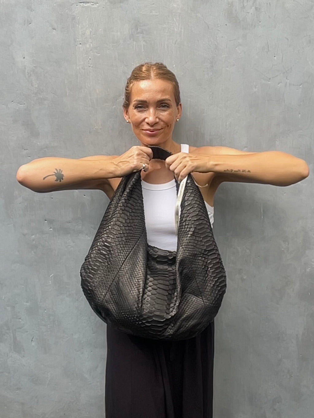 Big Soft Hobo Python Skin Bag — Black