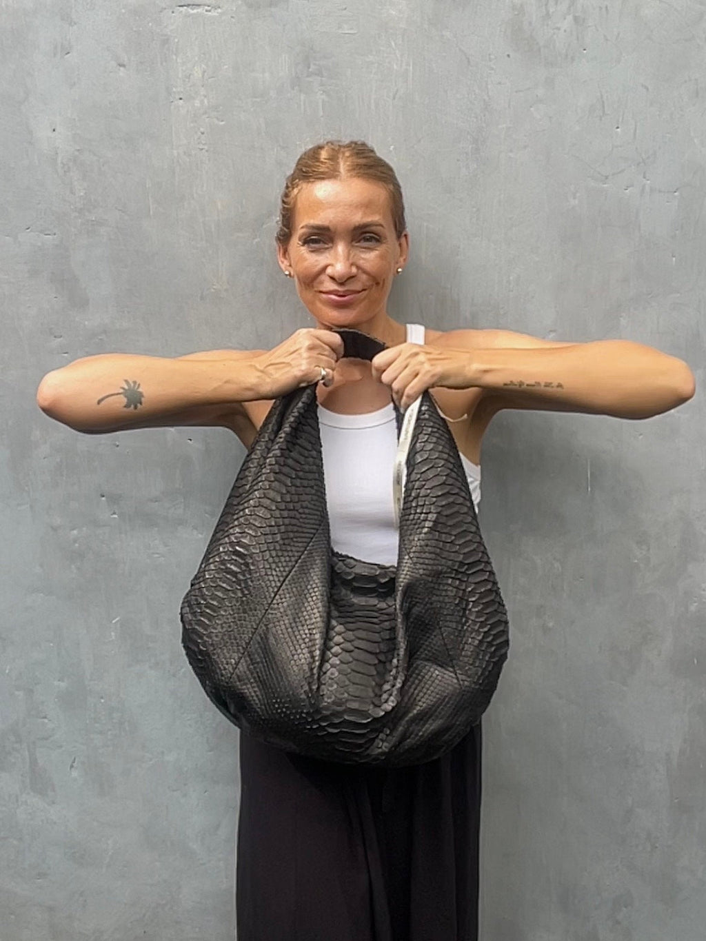 READY TO SHIP Big Soft Hobo Classy Sport Woman Bag | Purse Genuine Python Skin | Reptile Skin Products | Black Big Leather Designer Soft Bag