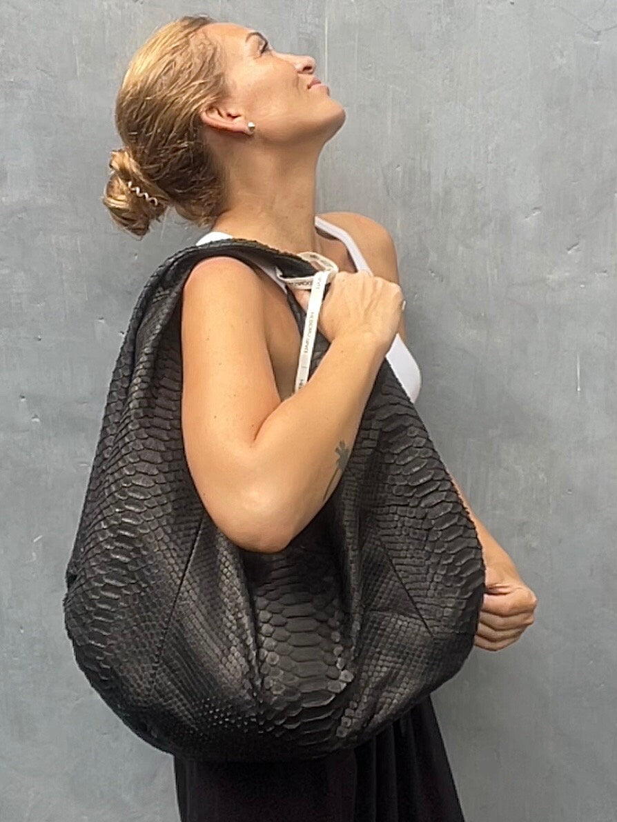 Big Soft Hobo Python Skin Bag — Black