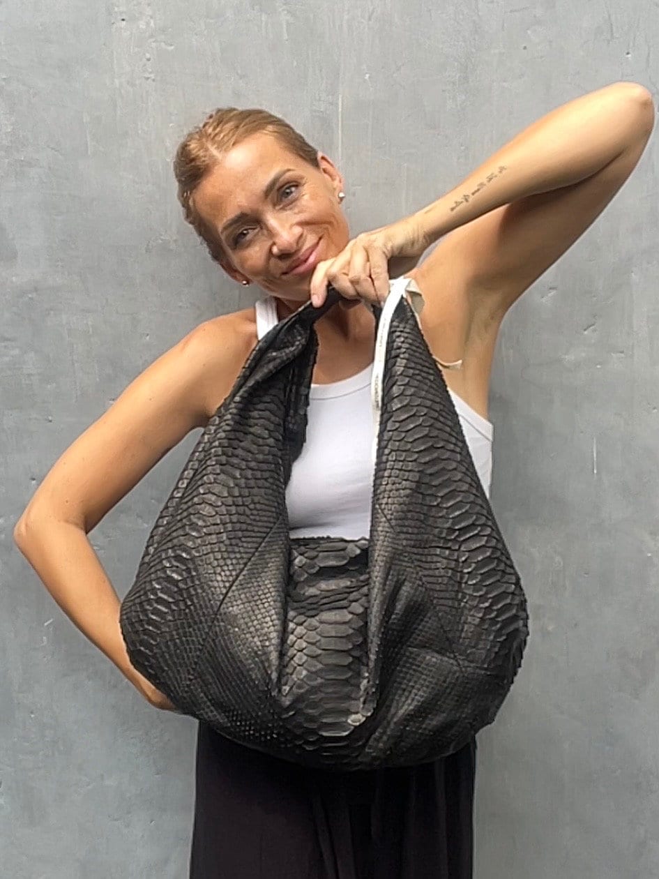 READY TO SHIP Big Soft Hobo Classy Sport Woman Bag | Purse Genuine Python Skin | Reptile Skin Products | Black Big Leather Designer Soft Bag