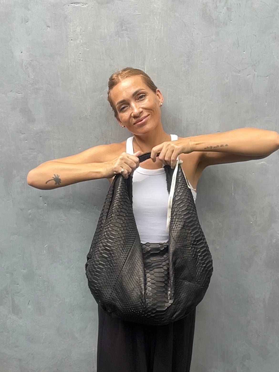 READY TO SHIP Big Soft Hobo Classy Sport Woman Bag | Purse Genuine Python Skin | Reptile Skin Products | Black Big Leather Designer Soft Bag