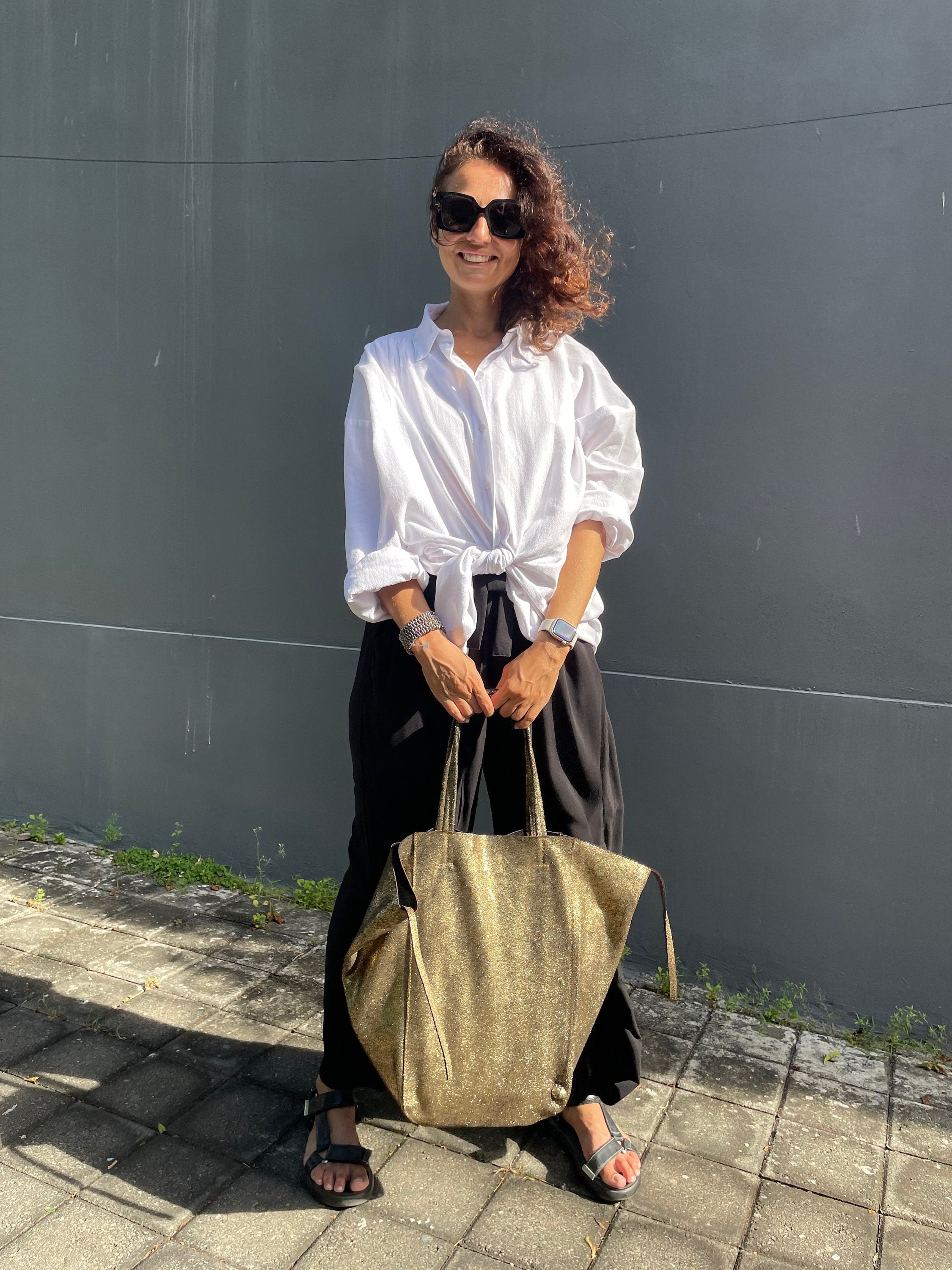 Genuine leather gold tote shopper big bag / everyday purse / handmade bags / designer bags / metallic summer bag / gift for her — Red