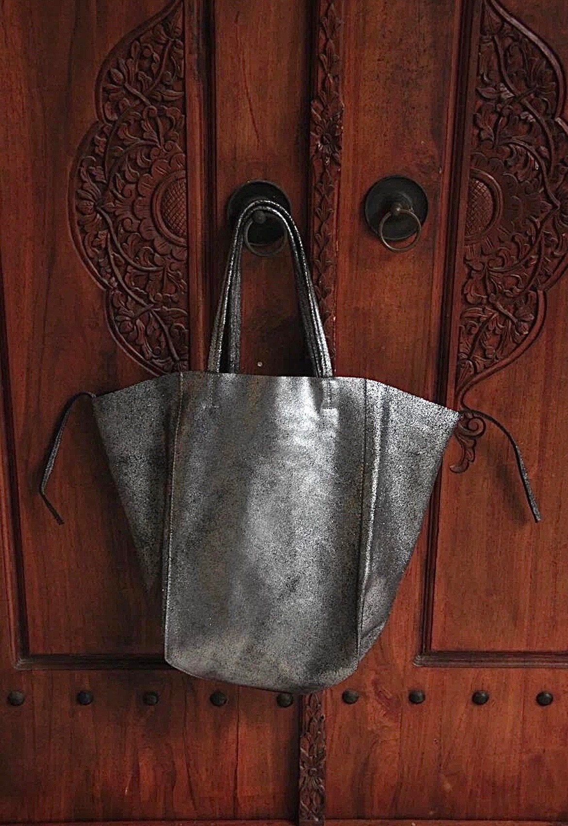 Genuine leather silver tote shopper big bag / everyday purse / handmade bags / designer bags / summer bag / gift for her — Red
