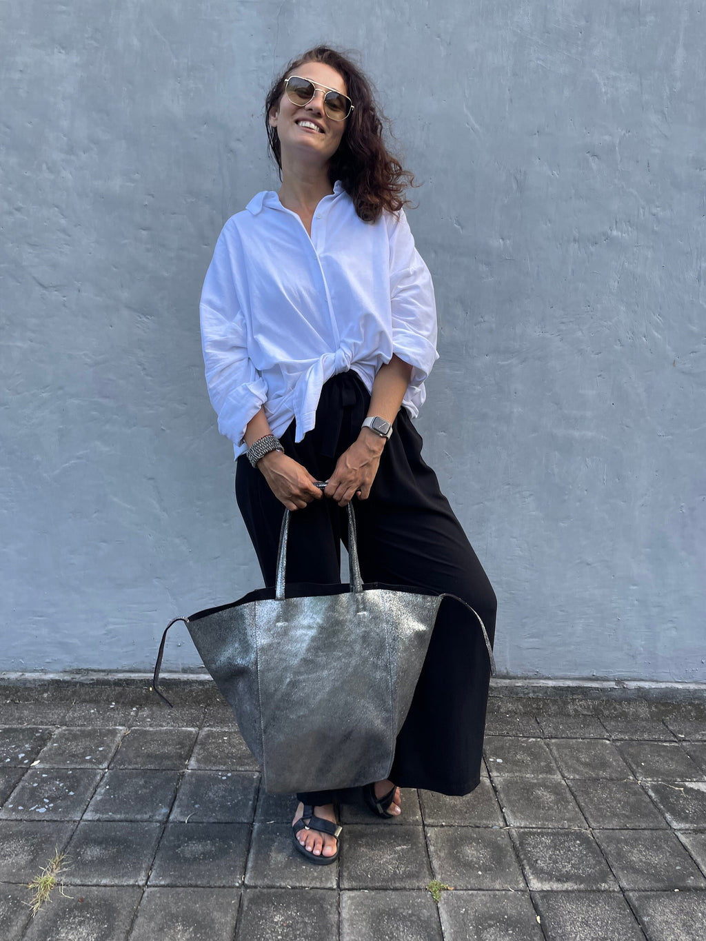 Genuine leather silver tote shopper big bag / everyday purse / handmade bags / designer bags / summer bag / gift for her