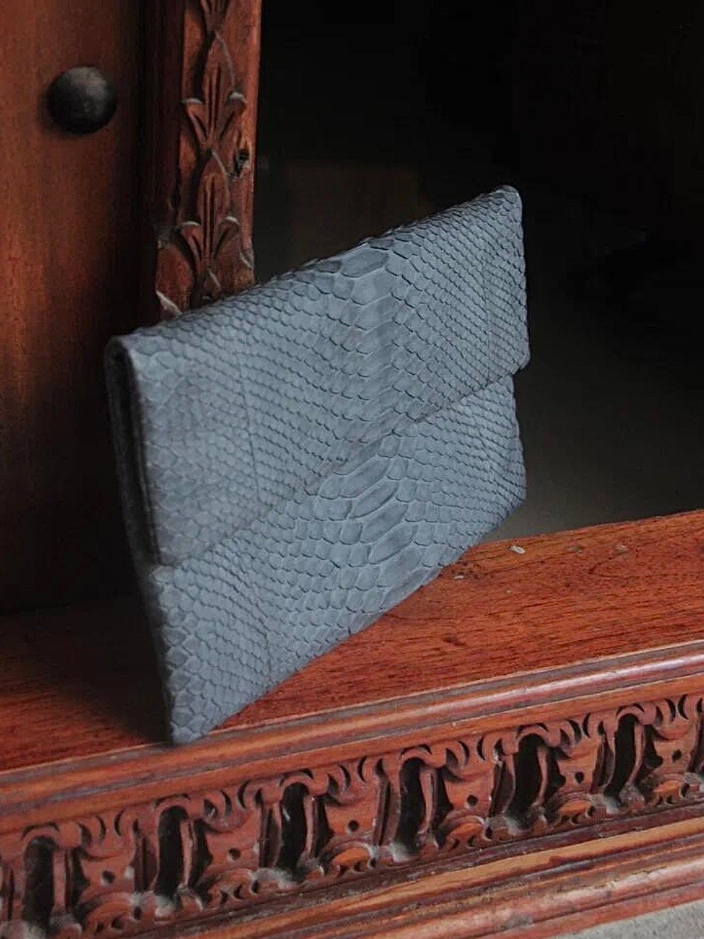 Genuine Python Skin Flat Clutch — Grey