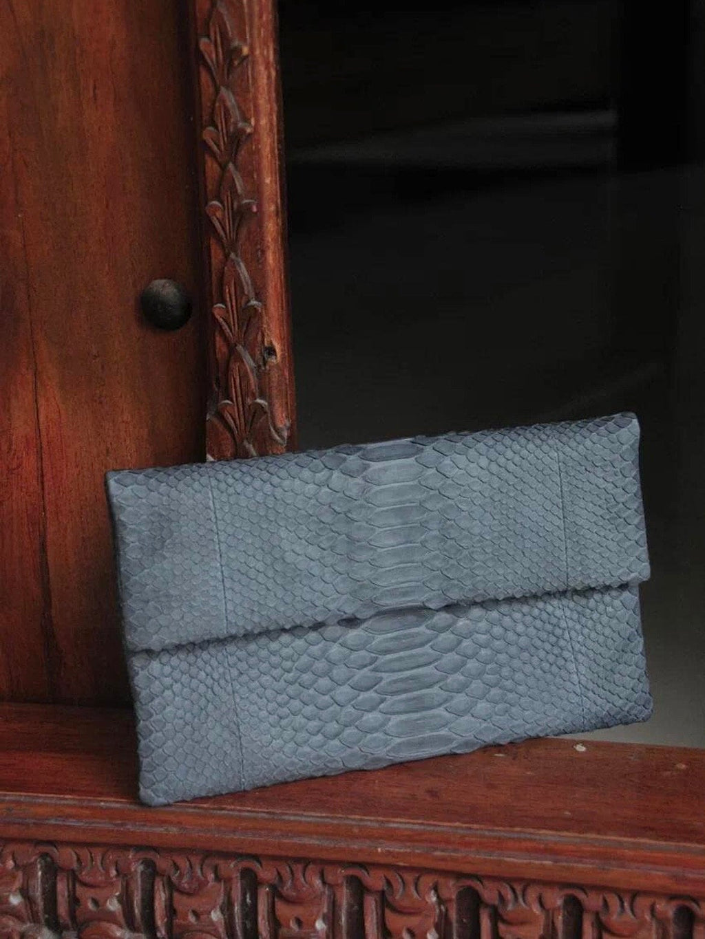Genuine Python Skin Flat Clutch — Grey