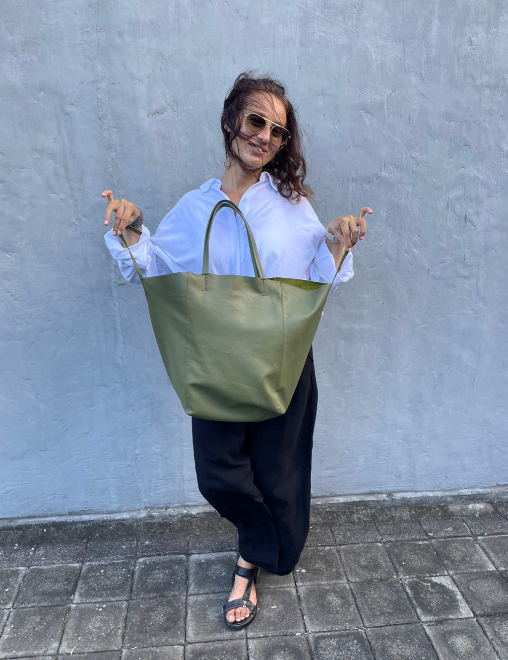 Genuine leather khaki green tote shopper big bag / everyday purse / handmade bags / designer bags / summer bag / gift for her — Red