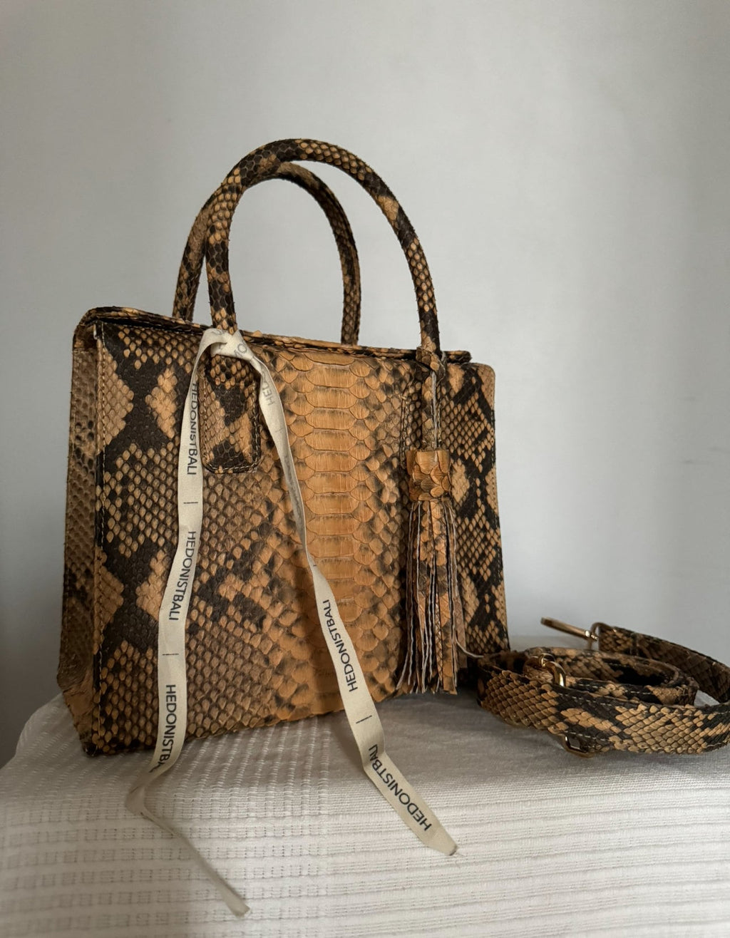 Genuine Python Skin Top Handle Bag MORA — Beige