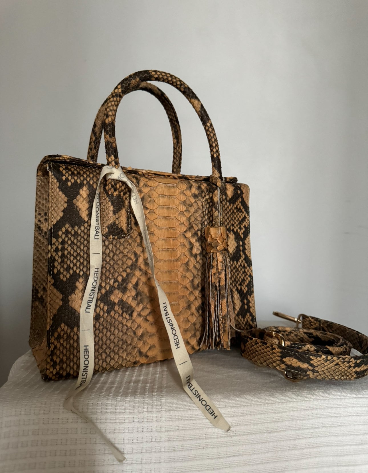 Top handle beige classy MORA  genuine python skin bag