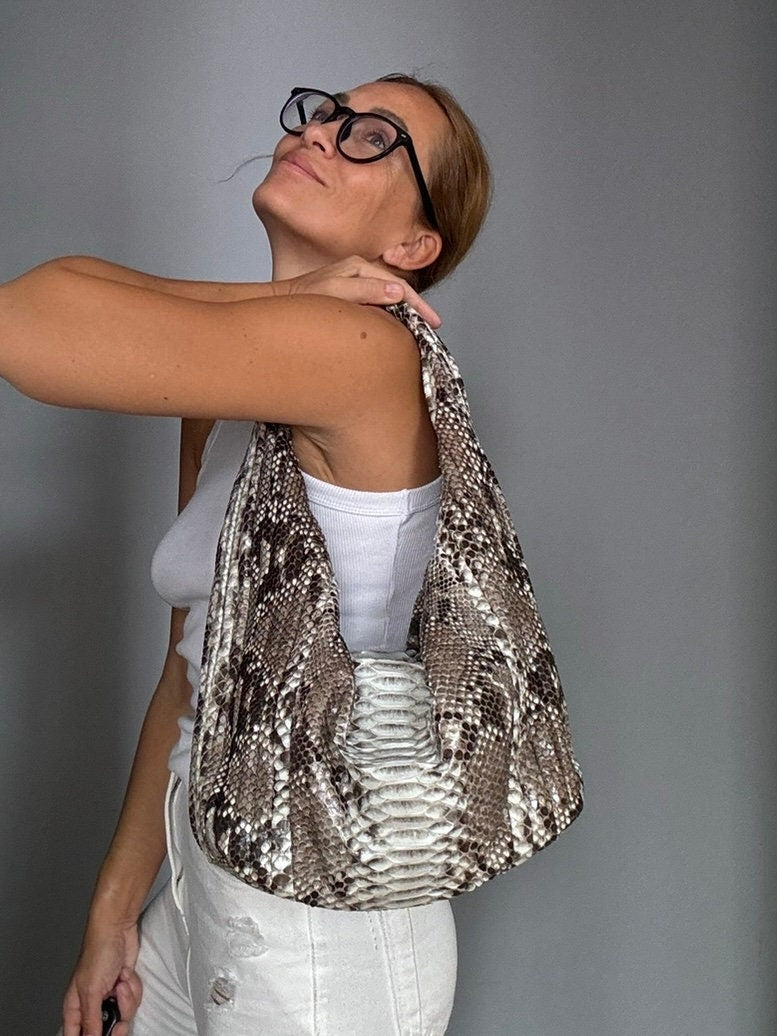 Soft Hobo Python Skin Stitched Bag — Gray