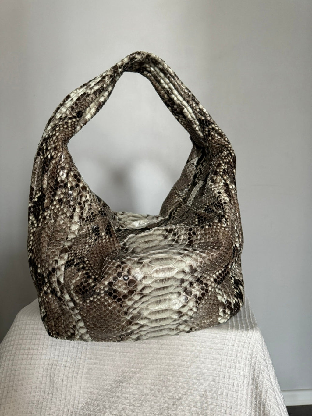 Soft Hobo Python Skin Stitched Bag — Gray