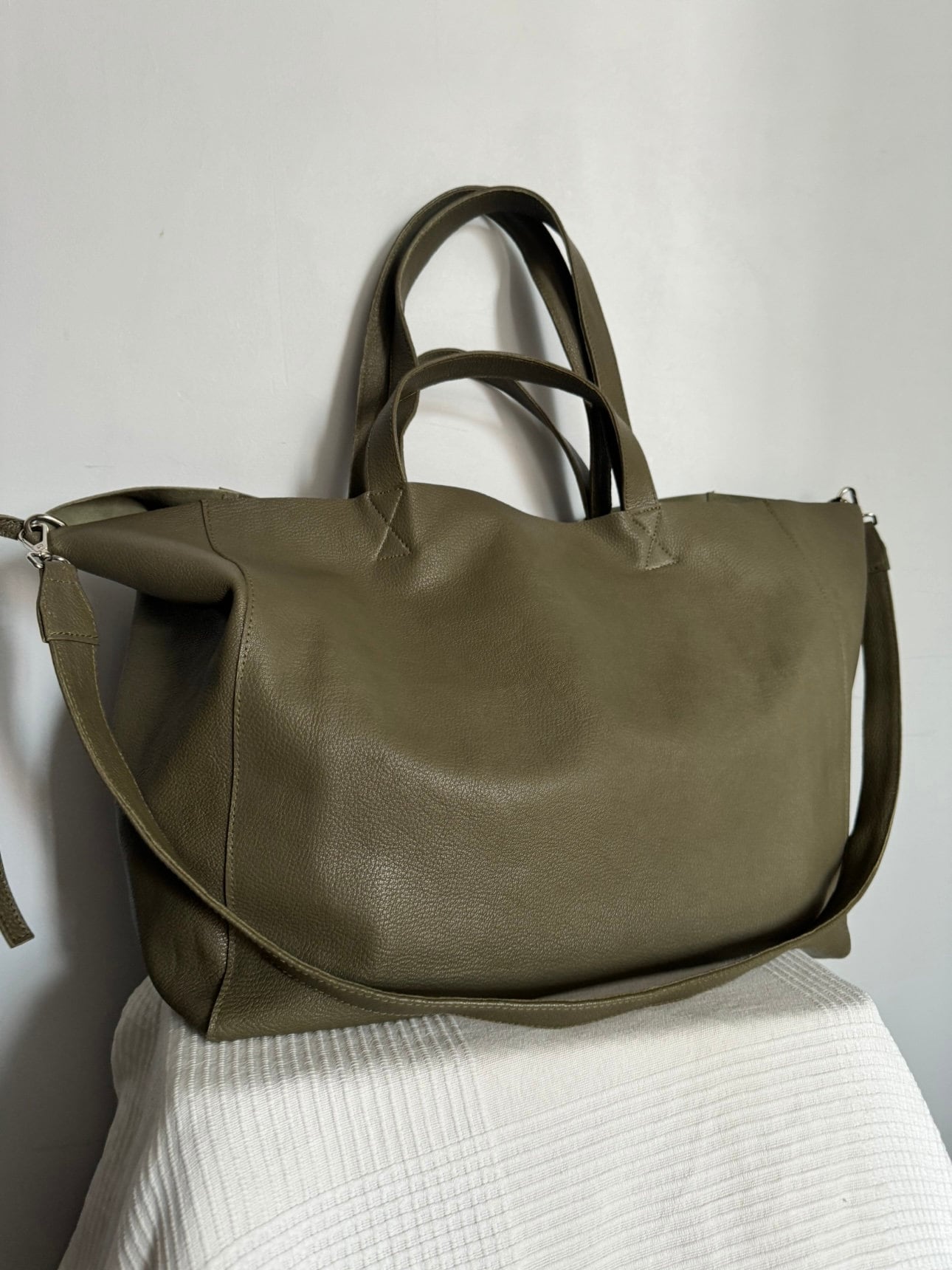 Genuine leather khaki green oversize tote shopper triple handle big bag / everyday purse / handmade bags / designer bags / summer bag / — Red