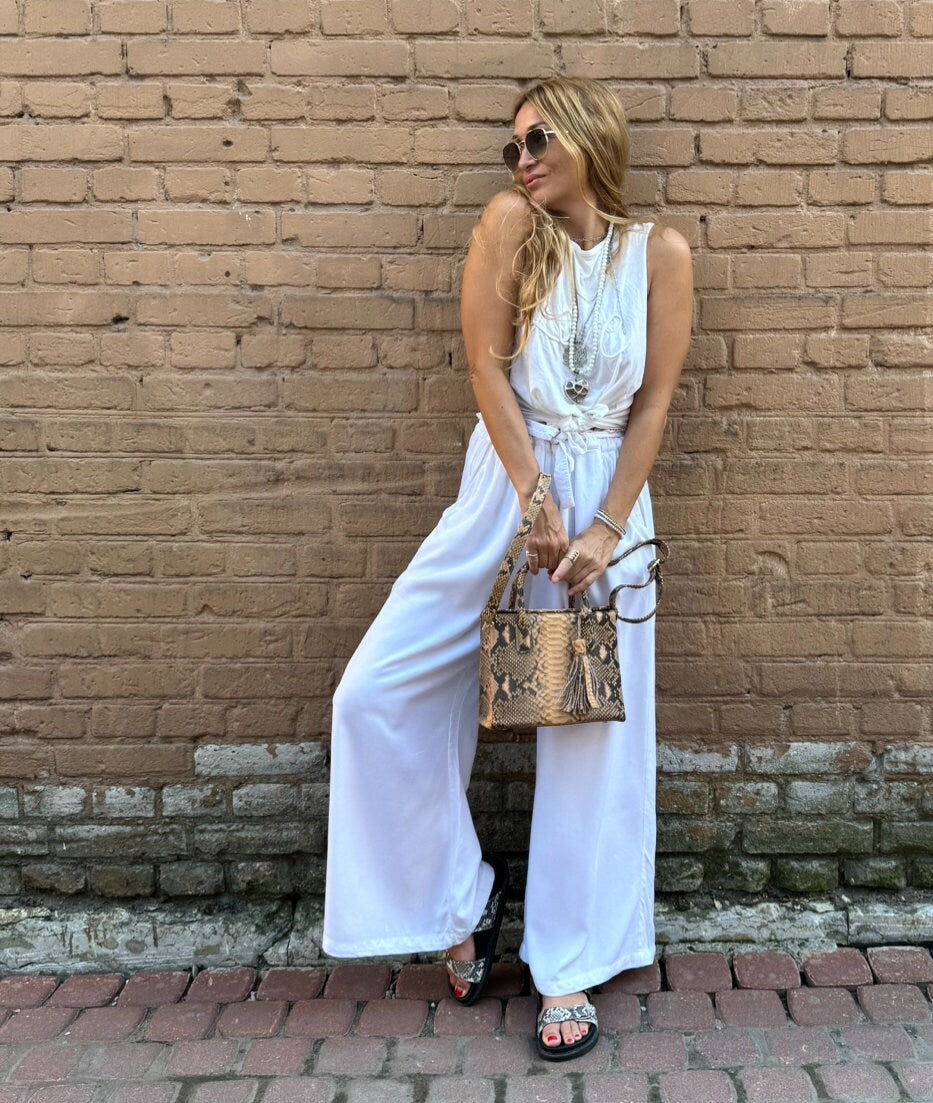 Genuine Python Skin Top Handle Bag MORA — Beige