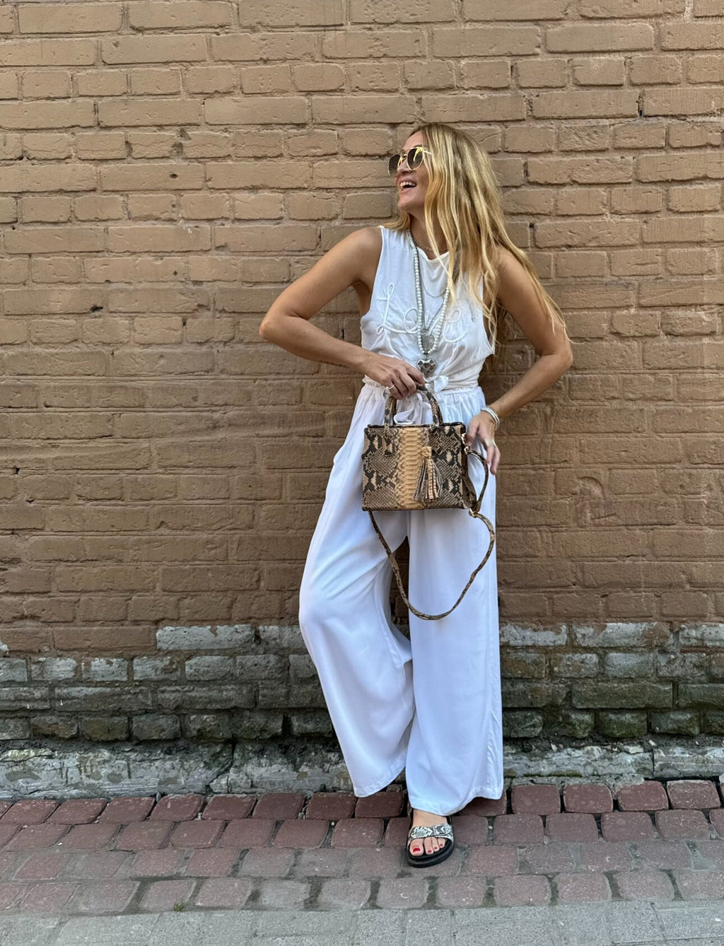 Genuine Python Skin Top Handle Bag MORA — Beige