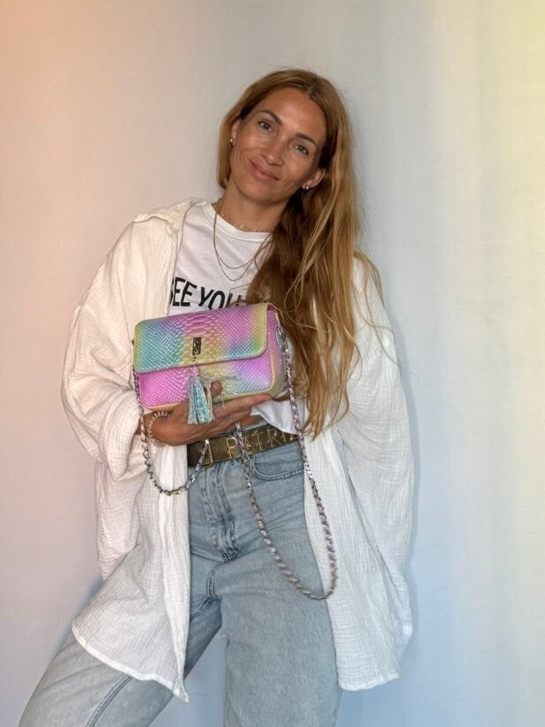 Genuine Python Skin Midi Crossbody Bag — Rainbow