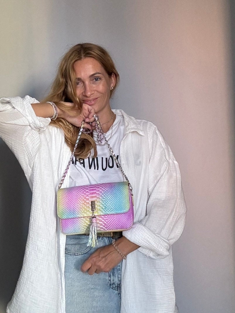 Genuine Python Skin Midi Crossbody Bag — Rainbow